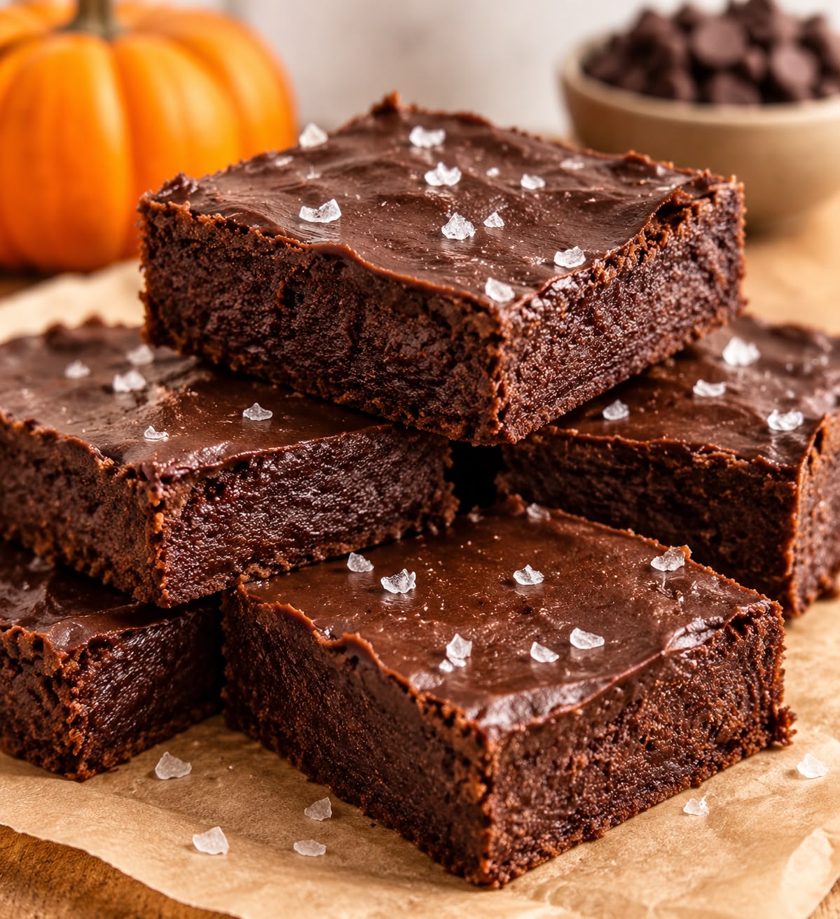 Stack of fudgy chocolate pumpkin protein brownies topped with flaky sea salt