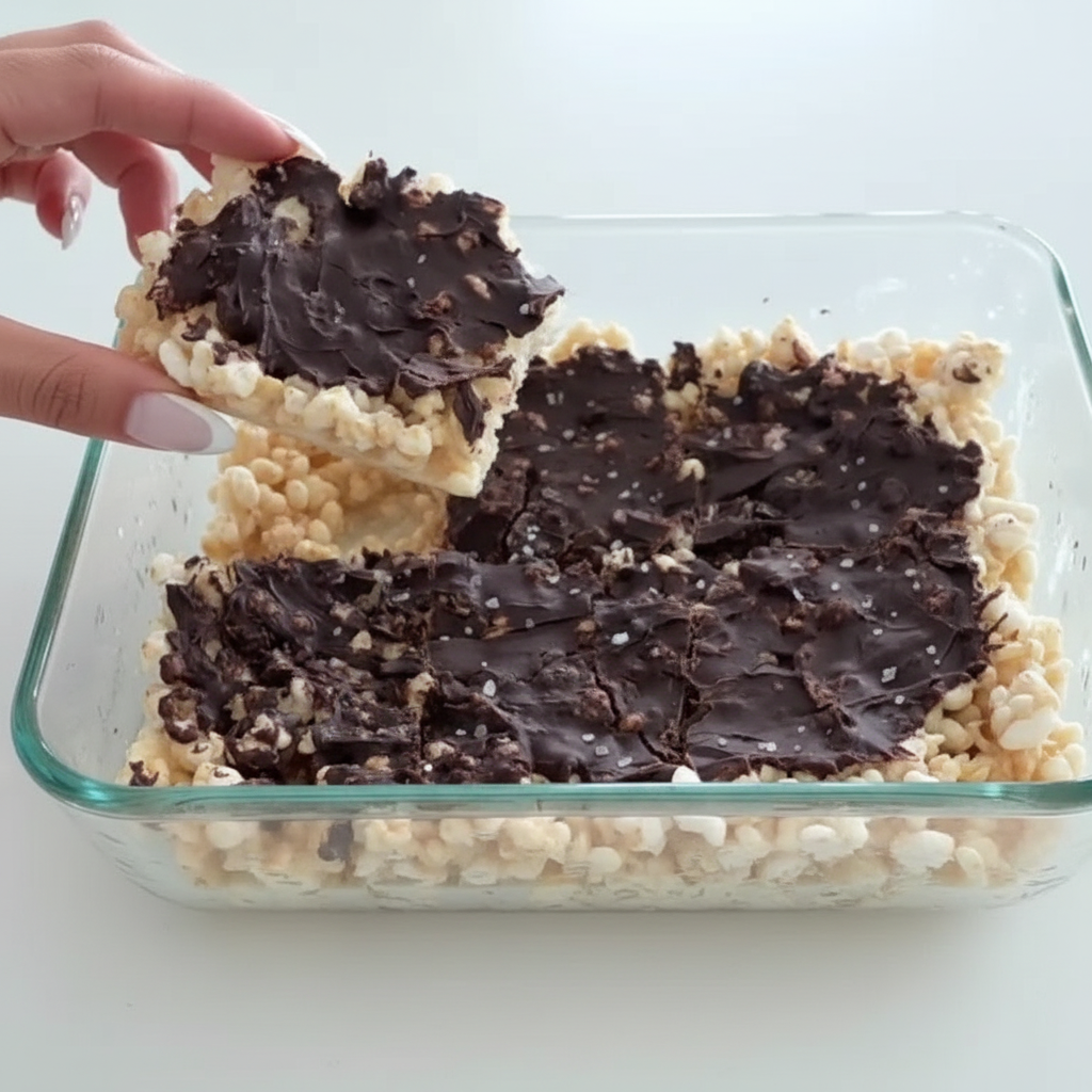 High-protein rice crispy bar held in hand showing crispy bottom and dark chocolate top