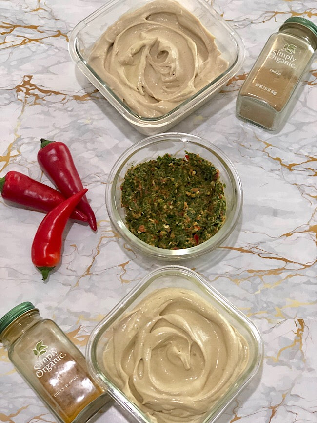 Homemade classic tahini, curry tahini & spicy paste