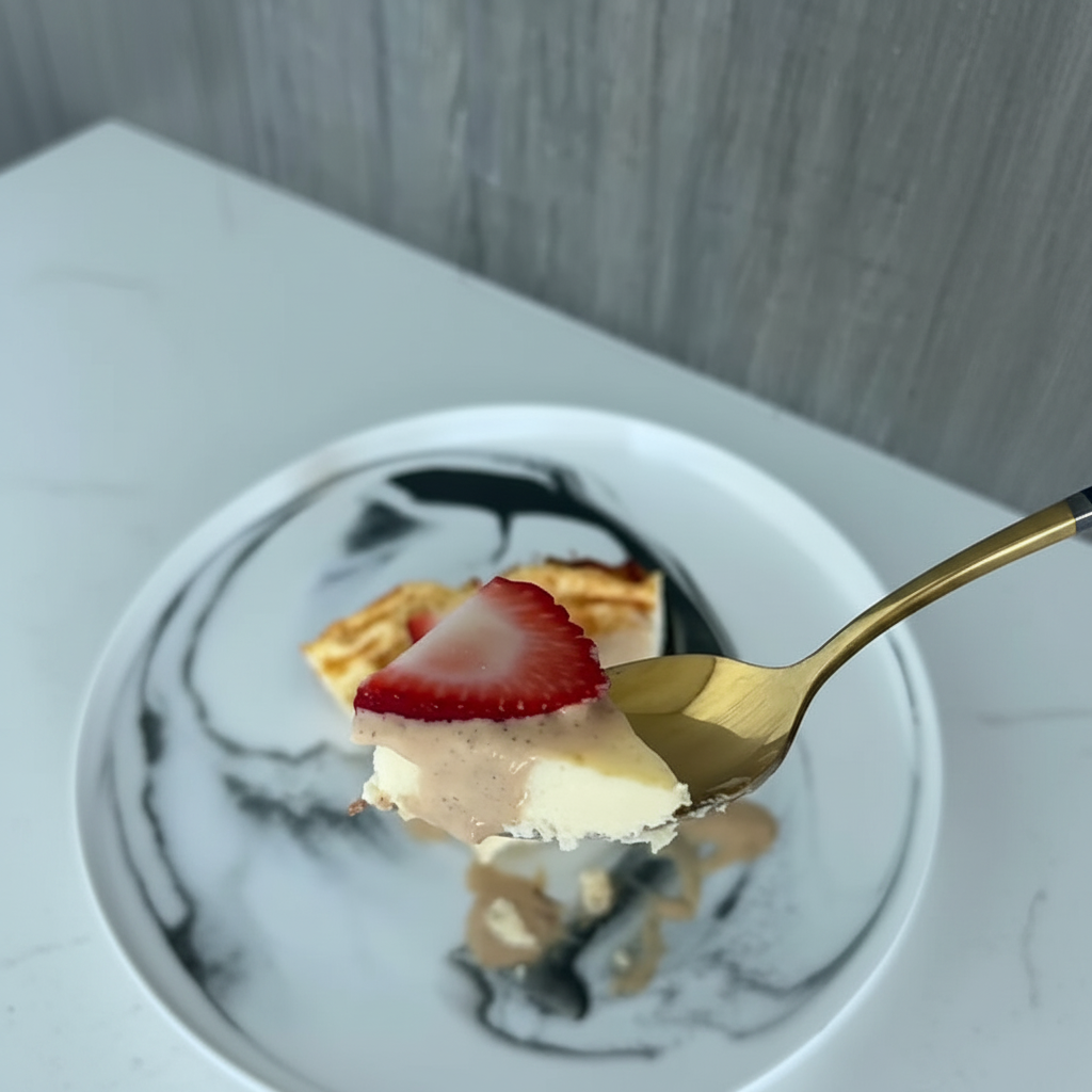 Bite of high-protein cheesecake on a gold fork, topped with a fresh strawberry