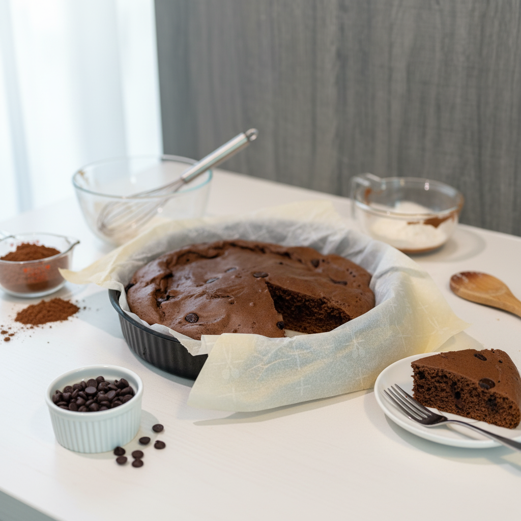 High-protein high-fiber chocolate pie in a parchment-lined pan