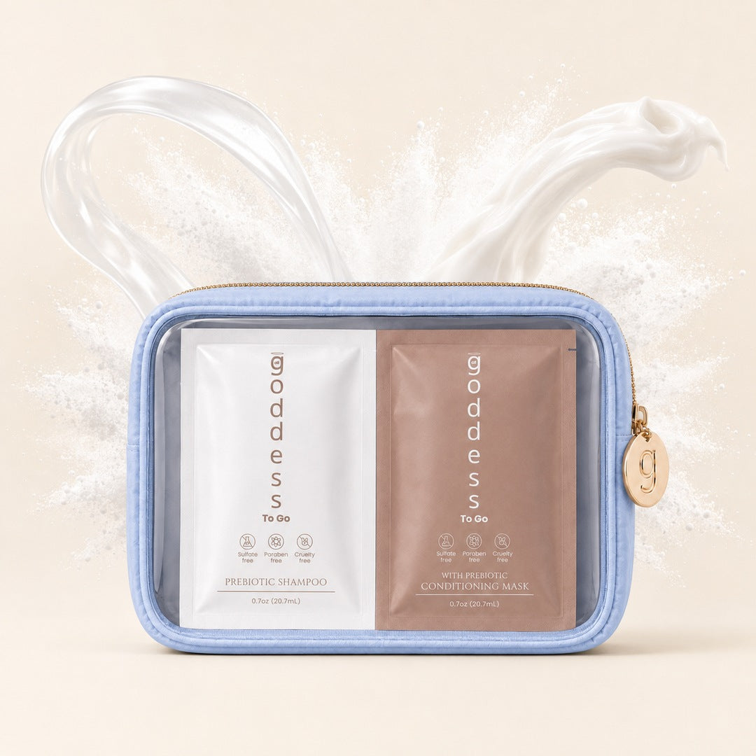 Goddess prebiotic shampoo and conditioning mask to-go sachets, blue pouch