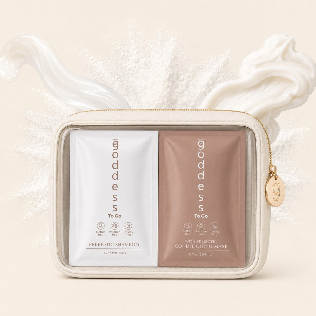 Goddess prebiotic shampoo and conditioning mask to-go sachets, nude pouch