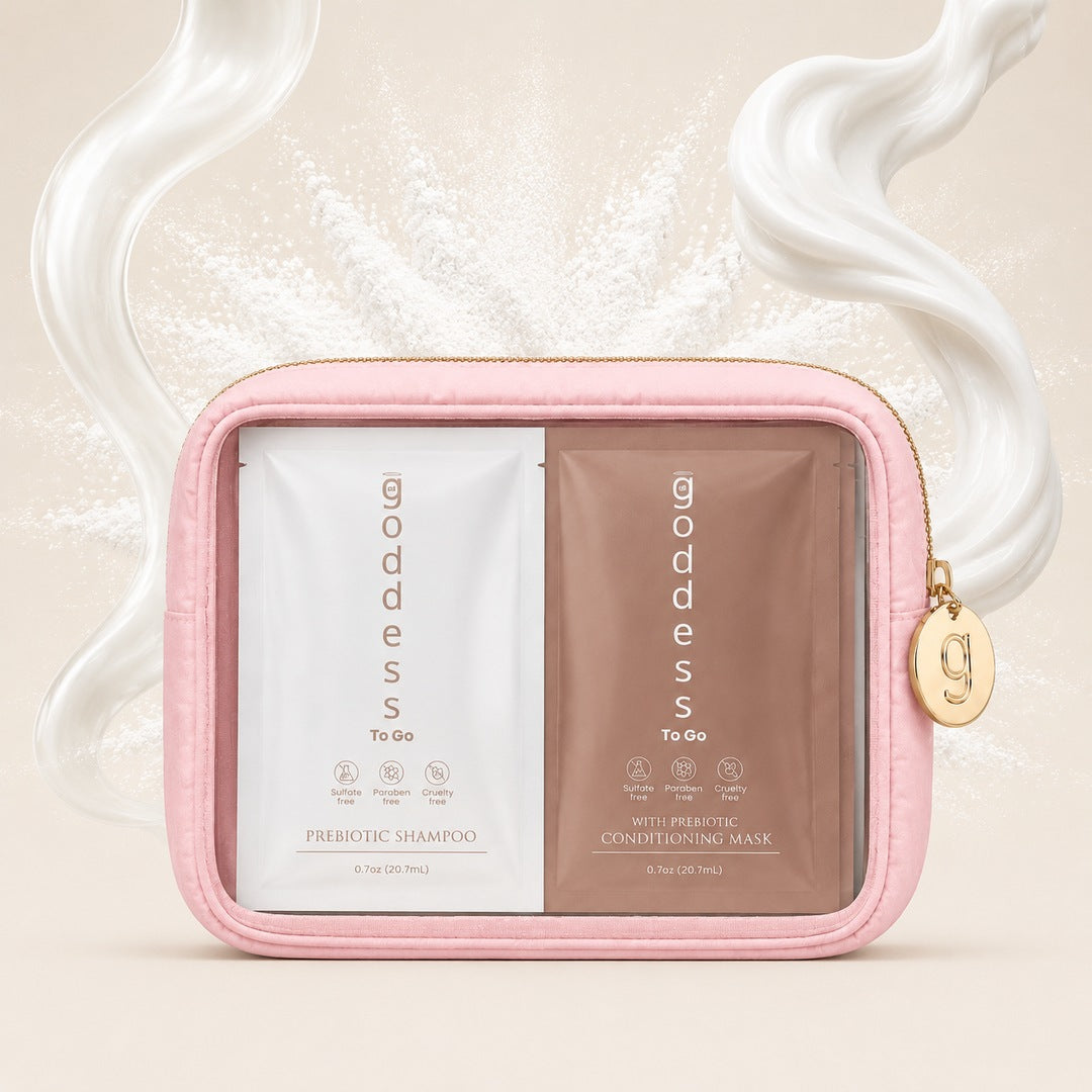 Goddess prebiotic shampoo and conditioning mask to-go sachets, pink pouch
