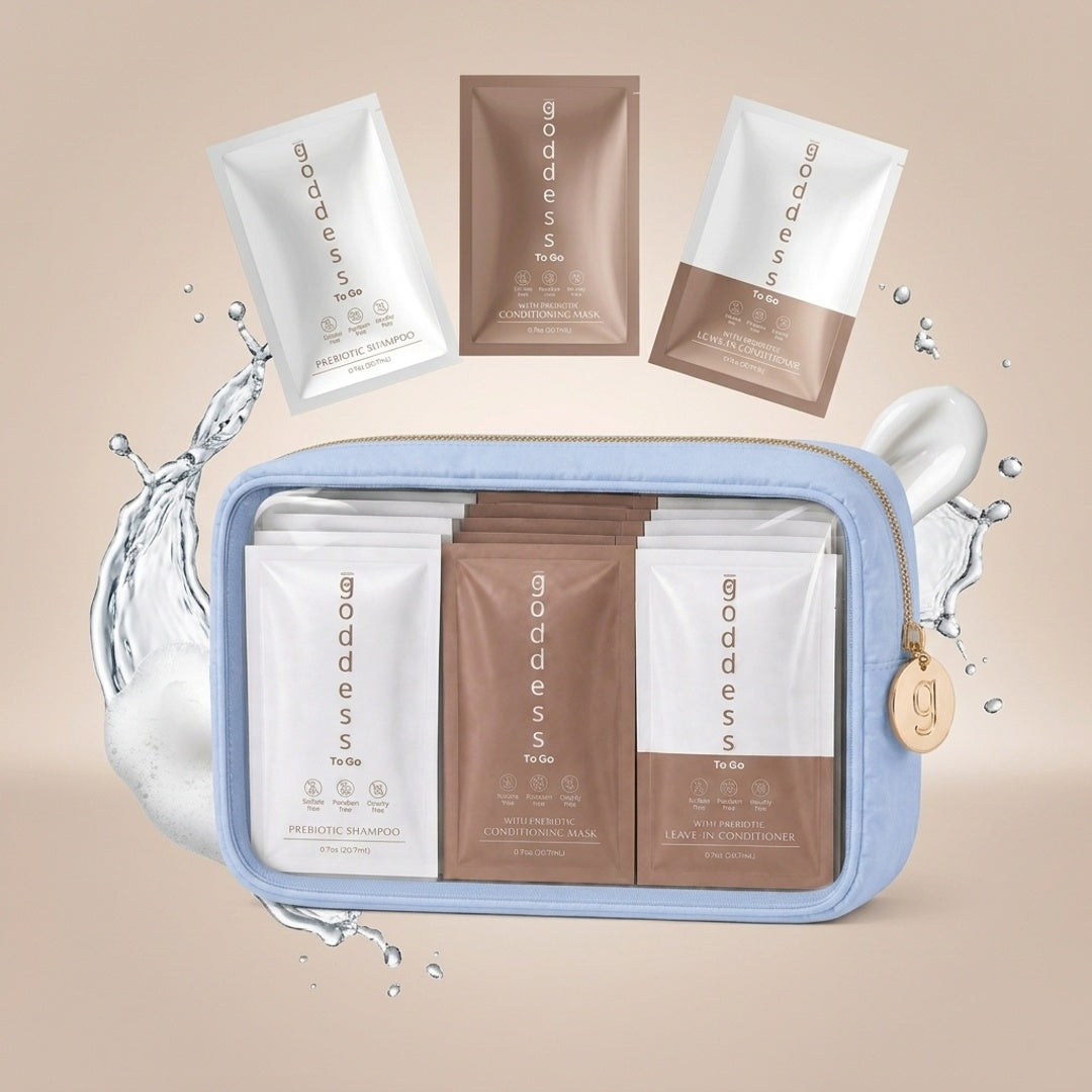 Goddess Prebiotic Hair To-Go Set in light blue with shampoo, conditioning mask and leave-in sachets