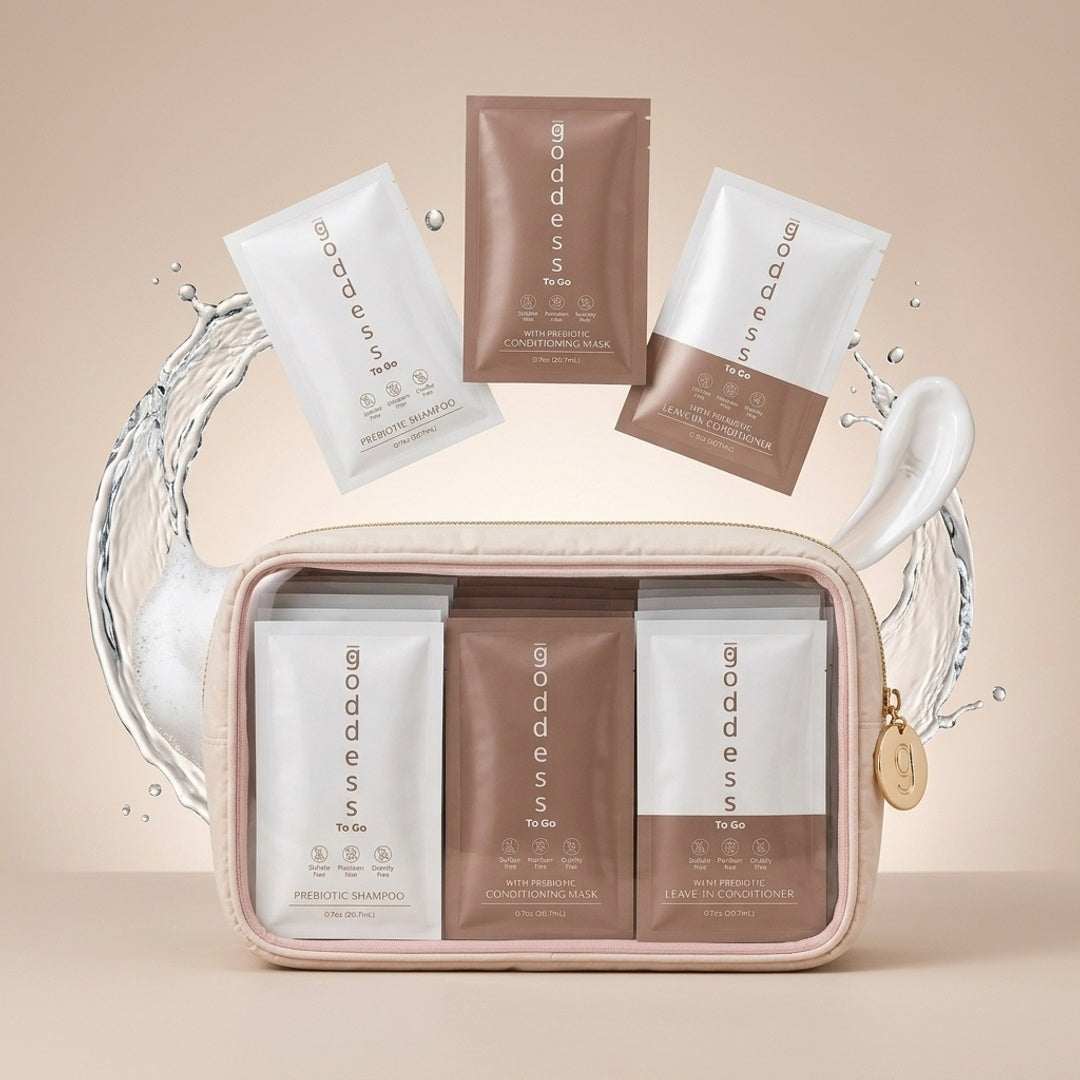 Goddess Prebiotic Hair To-Go Set in nude with shampoo, conditioning mask and leave-in sachets