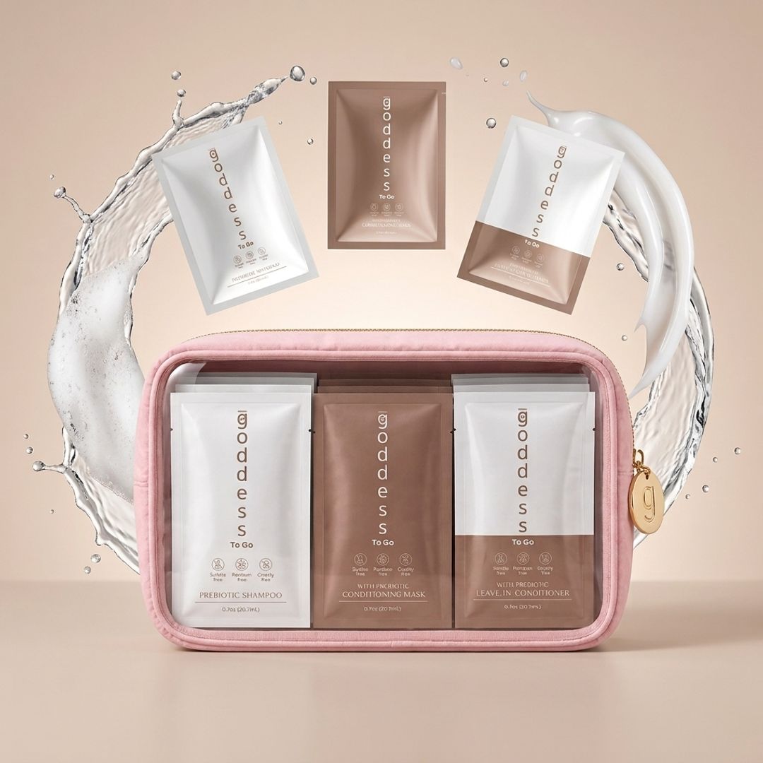 Goddess Prebiotic Hair To-Go Set in baby pink with shampoo, conditioning mask and leave-in sachets