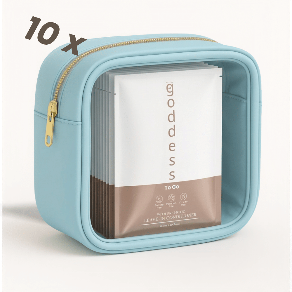 Light blue travel case with 'goddess' hair care products on a white background